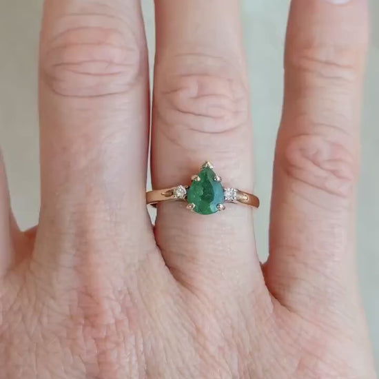 Vintage Emerald and Diamond Engagement Ring, Pear Cut, 14k Gold, Three Stone Bridal Ring