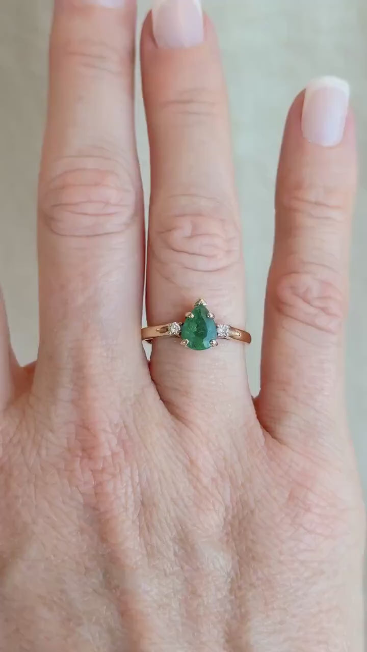 Vintage Emerald and Diamond Engagement Ring, Pear Cut, 14k Gold, Three Stone Bridal Ring