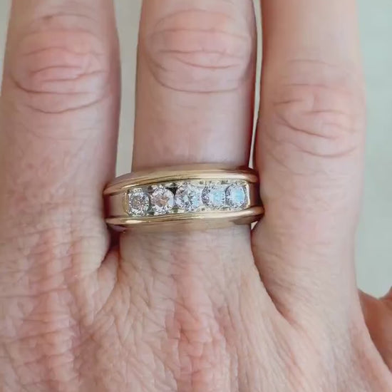 Vintage Diamond Wedding Band, 14k White Gold, Mens Channel Statement Ring, Anniversary Band
