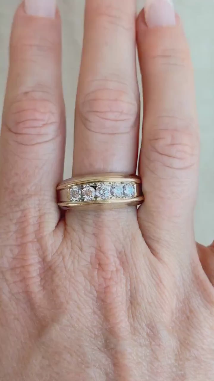 Vintage Diamond Wedding Band, 14k White Gold, Mens Channel Statement Ring, Anniversary Band