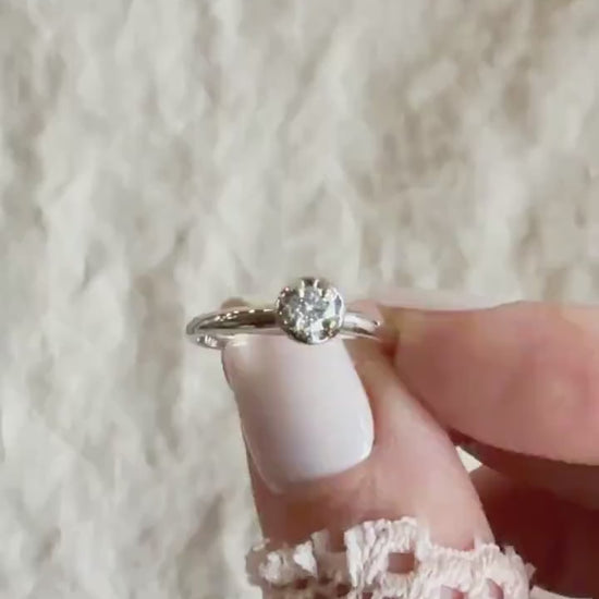 Vintage Diamond Engagement Ring, Round Cut, 14k White Gold, 1950s Art Deco Solitaire