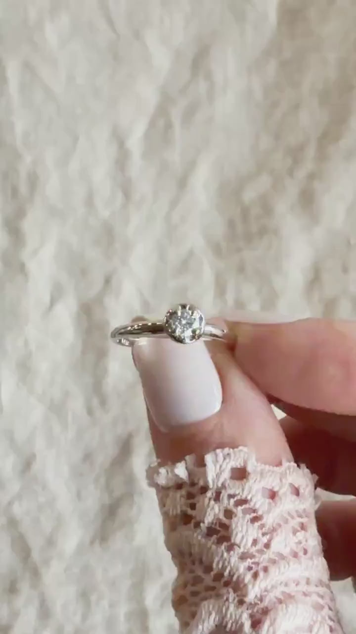 Vintage Diamond Engagement Ring, Round Cut, 14k White Gold, 1950s Art Deco Solitaire