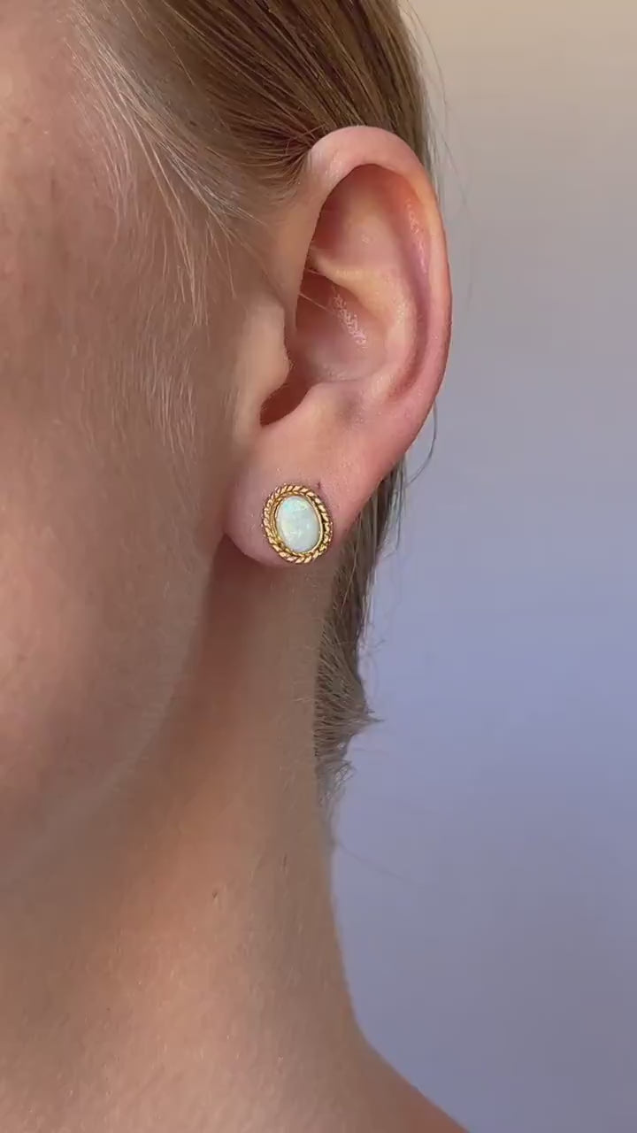 Vintage Opal Oval Stud Earrings in 14k Gold