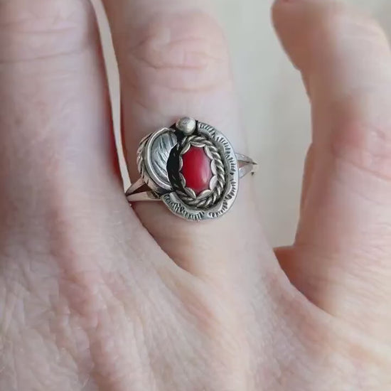 Vintage Sterling Silver Coral Leaf Ring, Boho Statement Jewelry