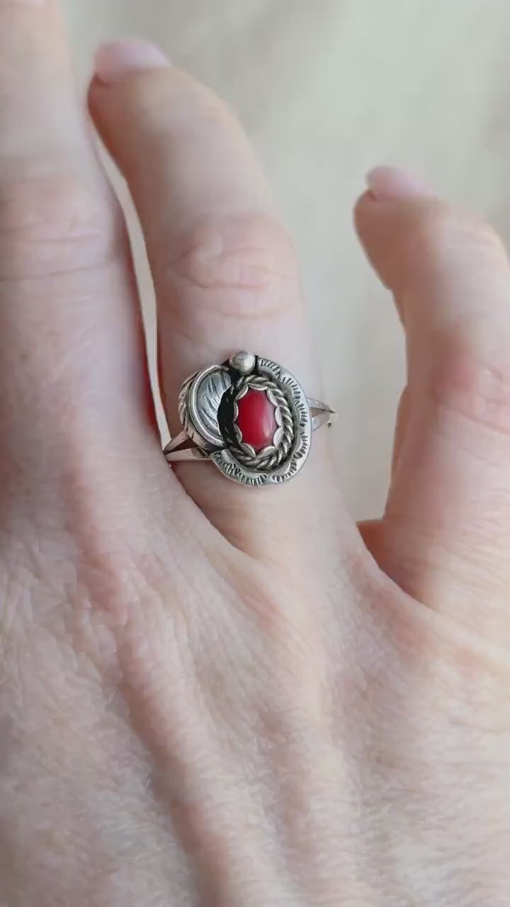 Vintage Sterling Silver Coral Leaf Ring, Boho Statement Jewelry