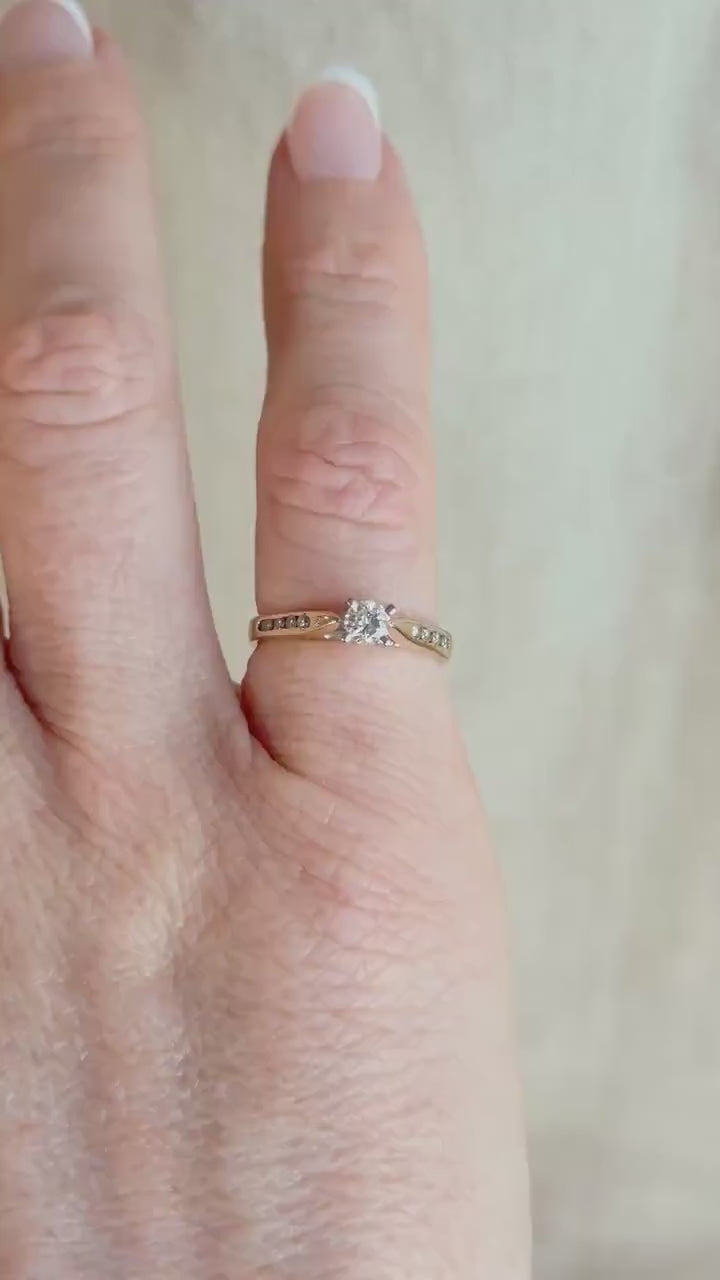 Vintage Diamond Engagement Ring, Round Cut, 14k Gold, 1990s Channel Set Cathedral