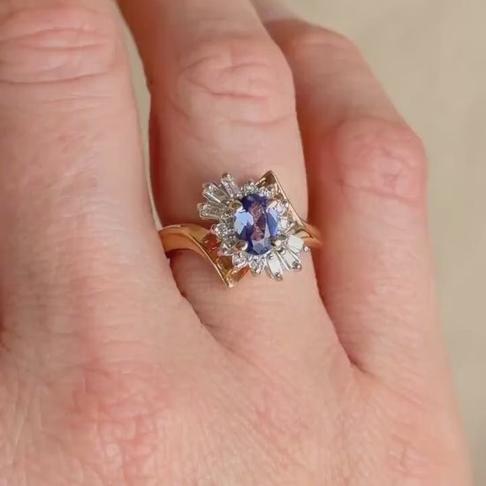 Vintage 1990s Tanzanite & Diamond Halo Ring in 14k Gold