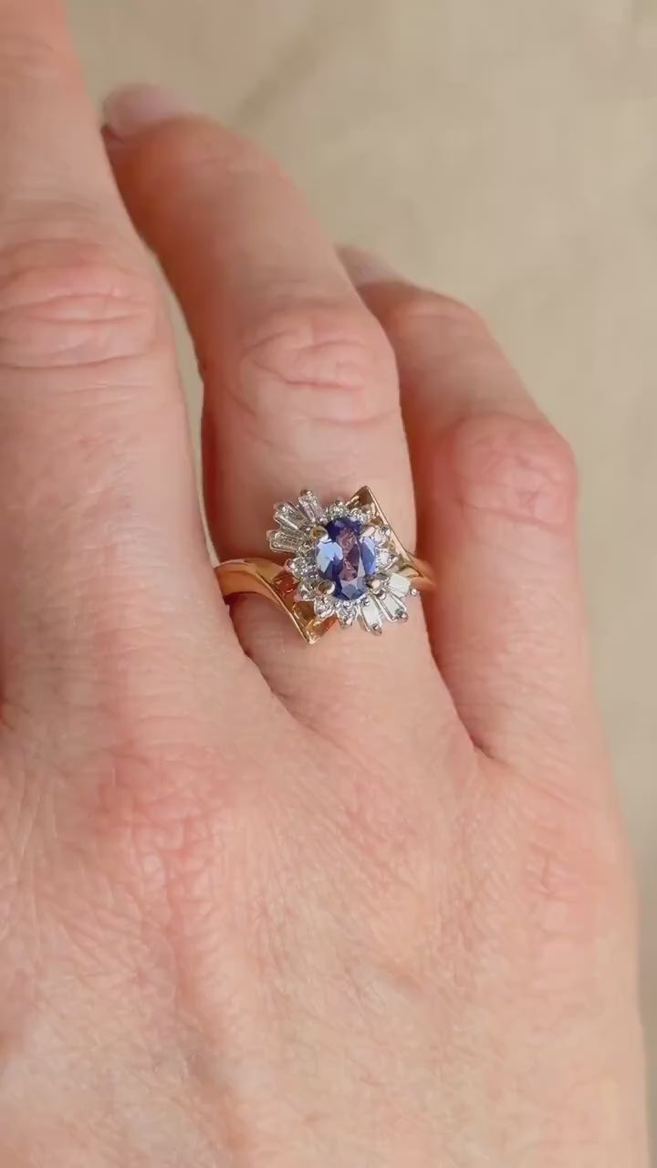 Vintage 1990s Tanzanite & Diamond Halo Ring in 14k Gold