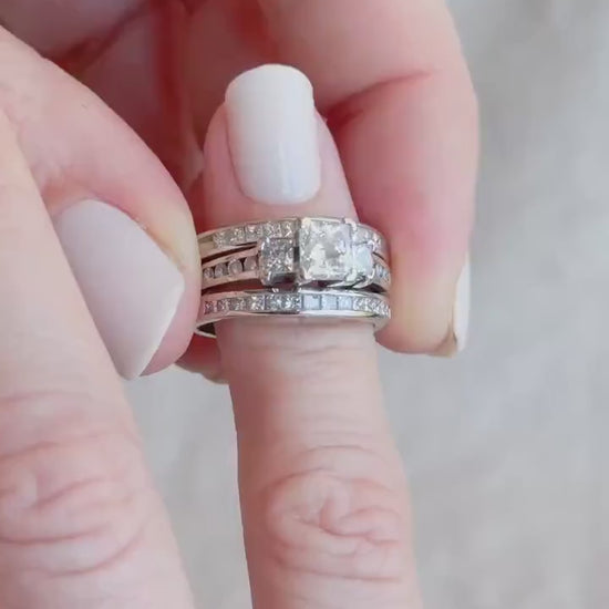 Vintage Three Stone Princess Cut Diamond Engagement Ring and Wedding Band Set in 14k White Gold