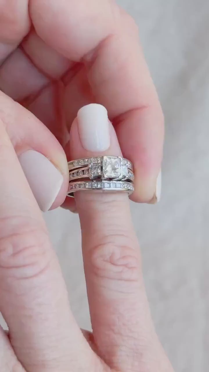 Vintage Three Stone Princess Cut Diamond Engagement Ring and Wedding Band Set in 14k White Gold