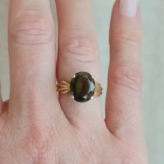 Vintage Moldavite Ring, 14k Gold, Oval Cut Prong Set Statement Ring, Unique Bold Jewelry