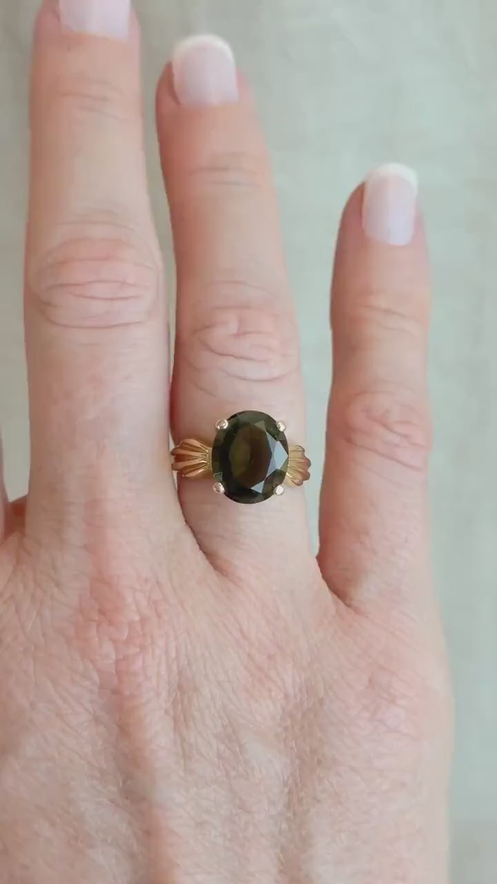 Vintage Moldavite Ring, 14k Gold, Oval Cut Prong Set Statement Ring, Unique Bold Jewelry