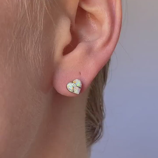 Vintage Opal Heart Stud Earrings in 14k Gold