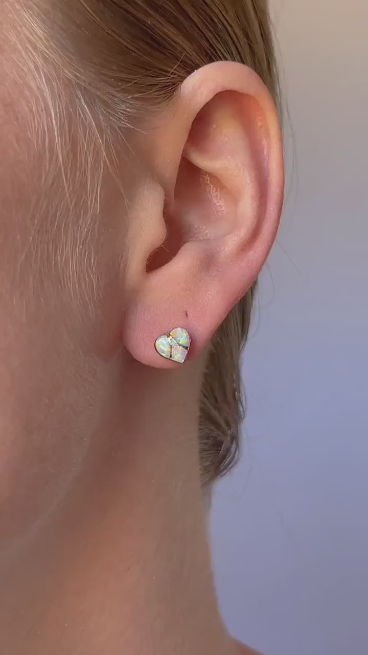 Vintage Opal Heart Stud Earrings in 14k Gold