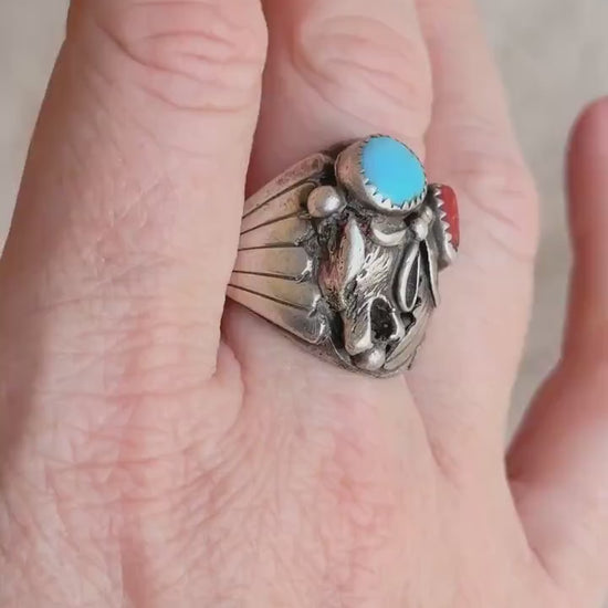 Vintage Sterling Silver Turquoise Coral Wolf Ring, Boho Statement Jewelry