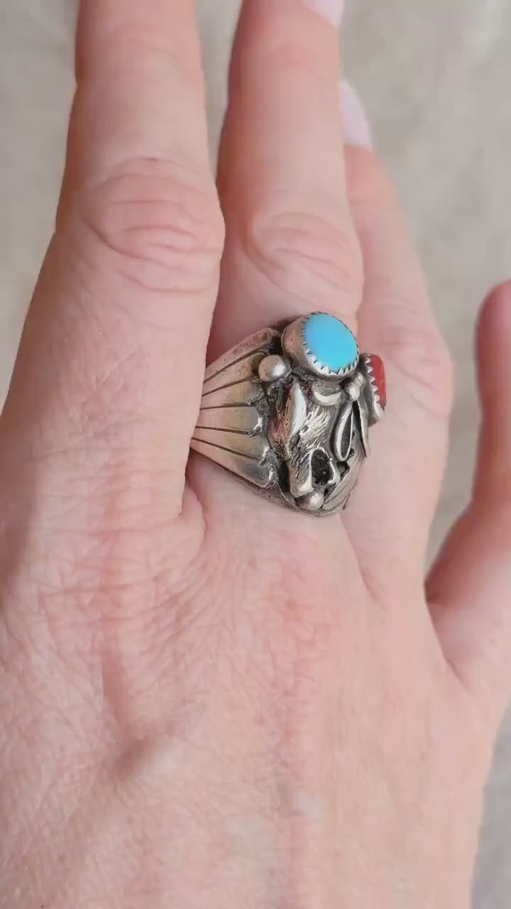 Vintage Sterling Silver Turquoise Coral Wolf Ring, Boho Statement Jewelry