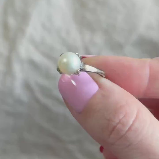 Vintage 1940s Pearl Solitaire Ring in 14k White Gold
