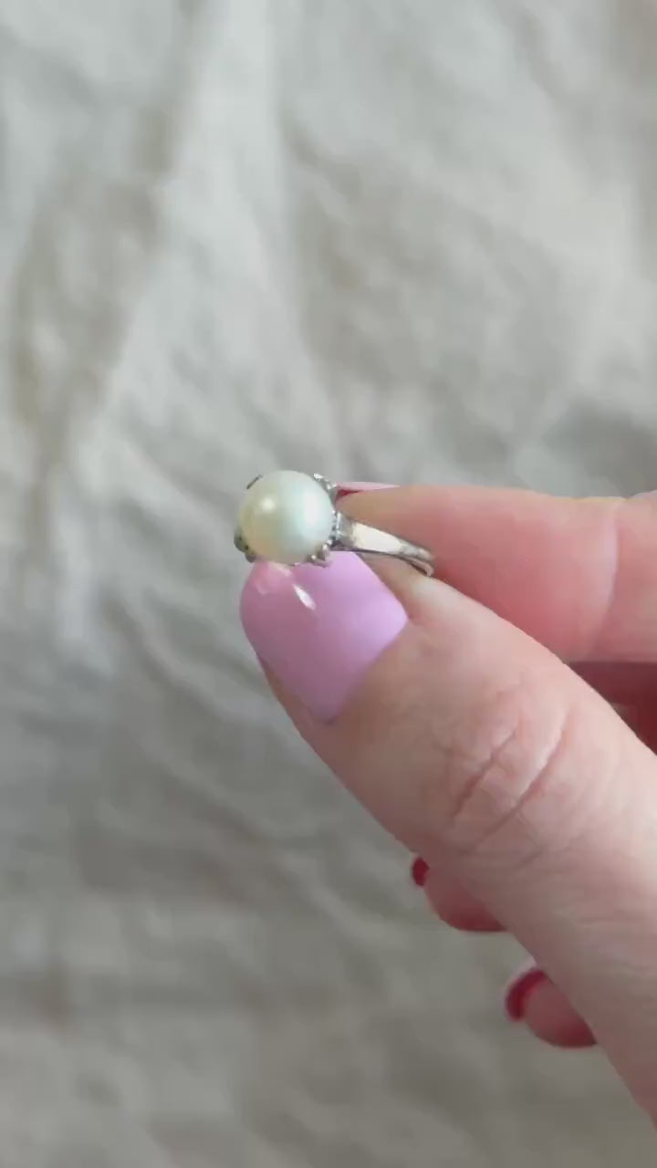 Vintage 1940s Pearl Solitaire Ring in 14k White Gold
