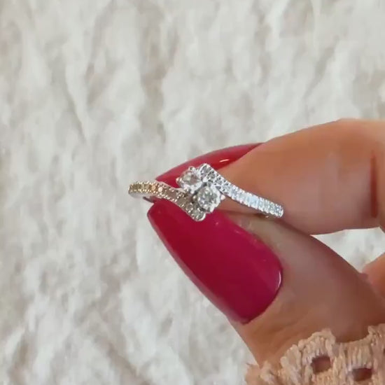 Vintage Diamond Engagement Ring, Round Cut, 14k White Gold, 1990s Two Stone Prong Setting