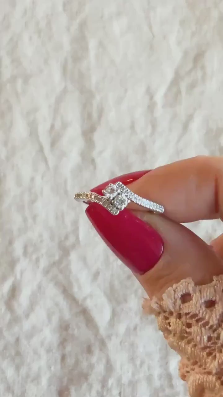 Vintage Diamond Engagement Ring, Round Cut, 14k White Gold, 1990s Two Stone Prong Setting
