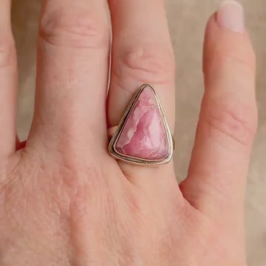 Vintage Rhodochrosite Sterling Silver Ring, Pink Triangle Statement Boho Jewelry