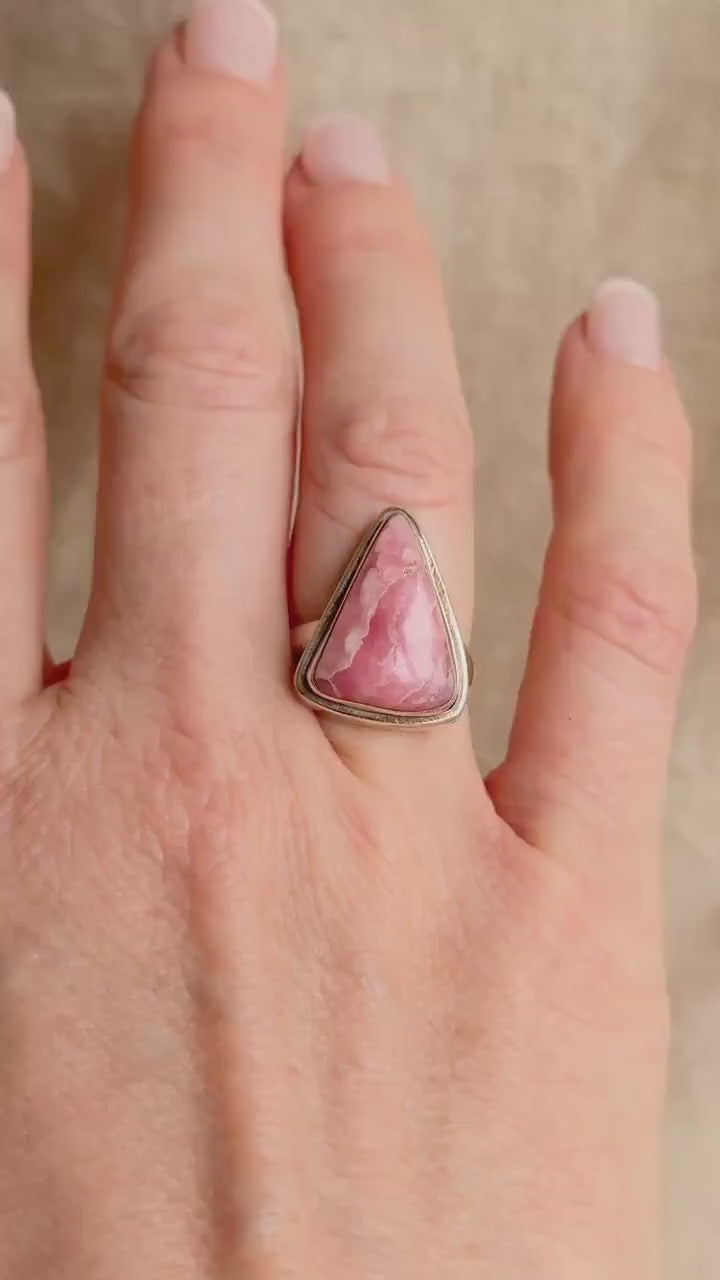 Vintage Rhodochrosite Sterling Silver Ring, Pink Triangle Statement Boho Jewelry