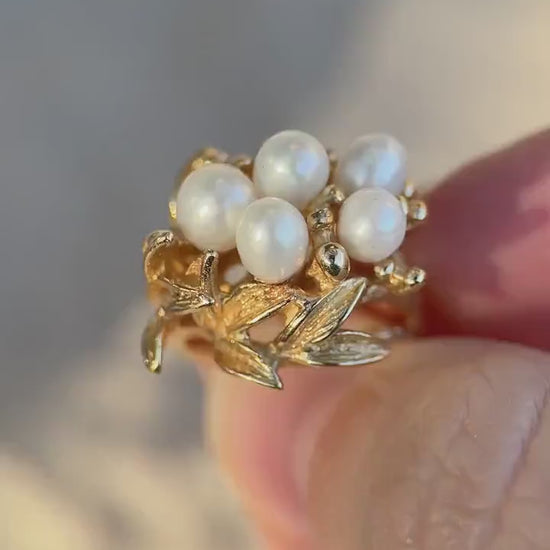 Vintage 1970s Pearl Floral Cluster Ring in 14k Gold