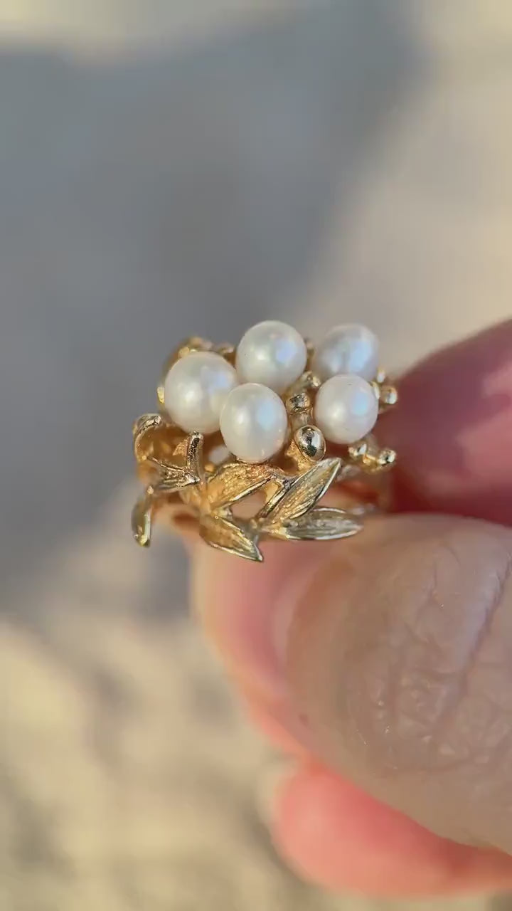 Vintage 1970s Pearl Floral Cluster Ring in 14k Gold