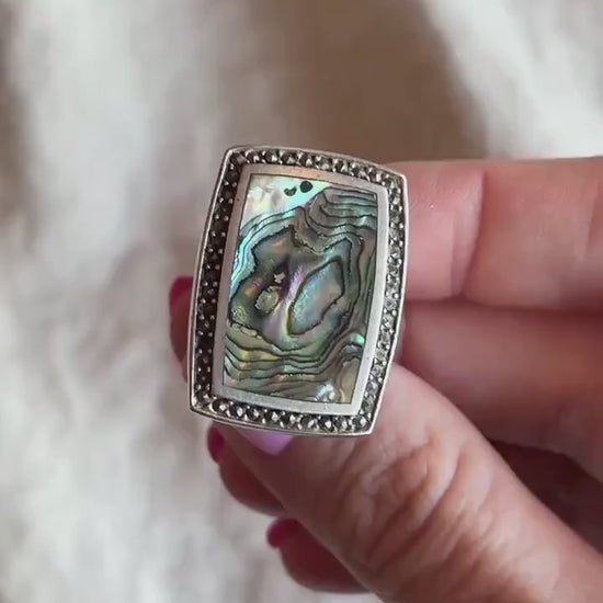 Vintage Sterling Silver Abalone Marcasite Ring, Rectangular Statement Boho Jewelry
