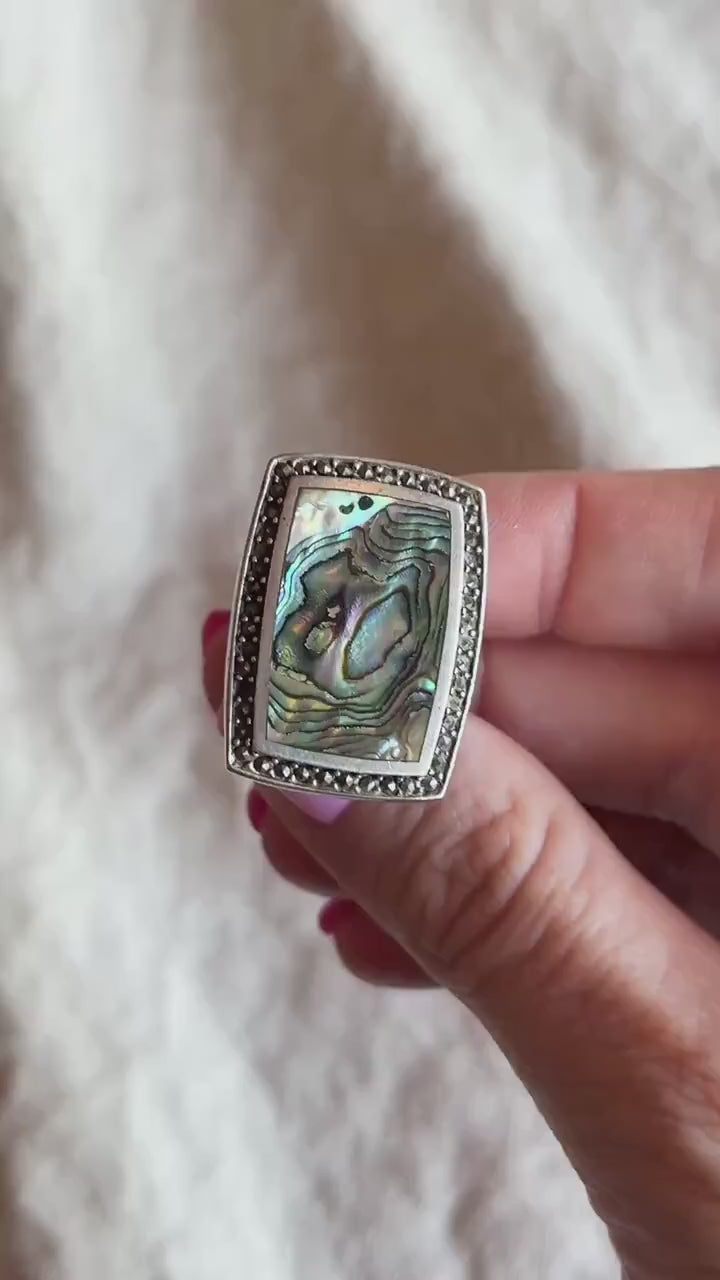Vintage Sterling Silver Abalone Marcasite Ring, Rectangular Statement Boho Jewelry