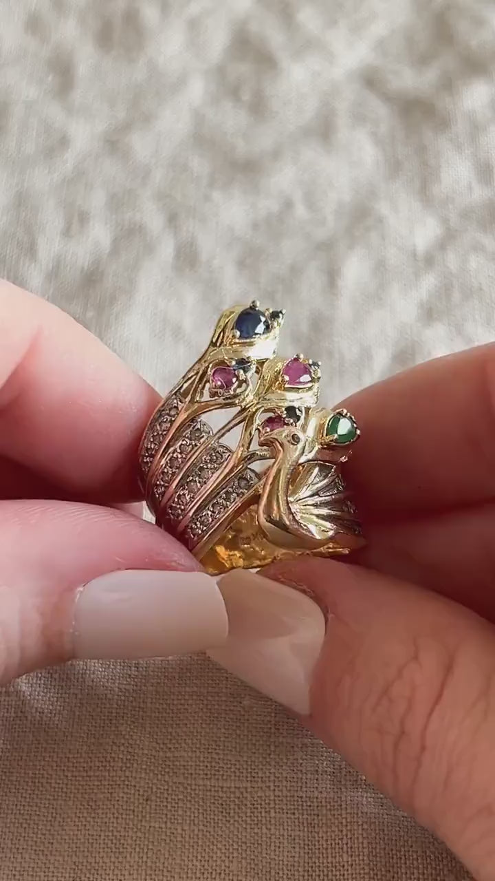 Vintage Peacock Gemstone Ring in 14k Gold