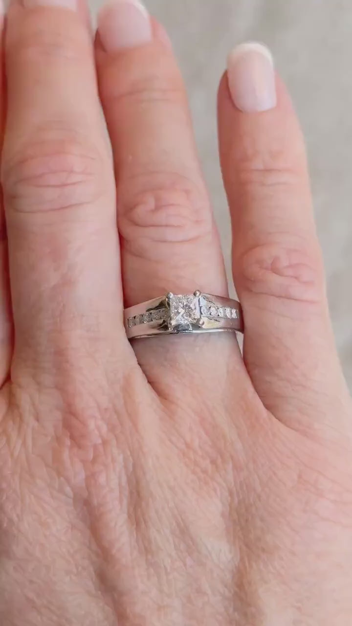 Vintage Diamond Engagement Ring, Princess Cut, 14k White Gold, 1990s Channel Set Bridal Ring