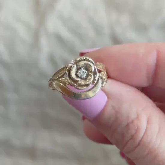 Vintage 1970s Diamond Floral Engagement Ring in 14k Gold
