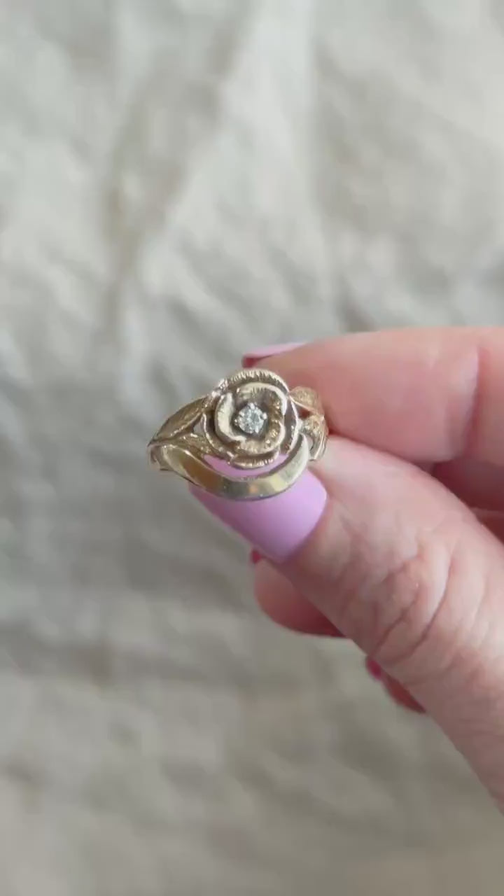 Vintage 1970s Diamond Floral Engagement Ring in 14k Gold