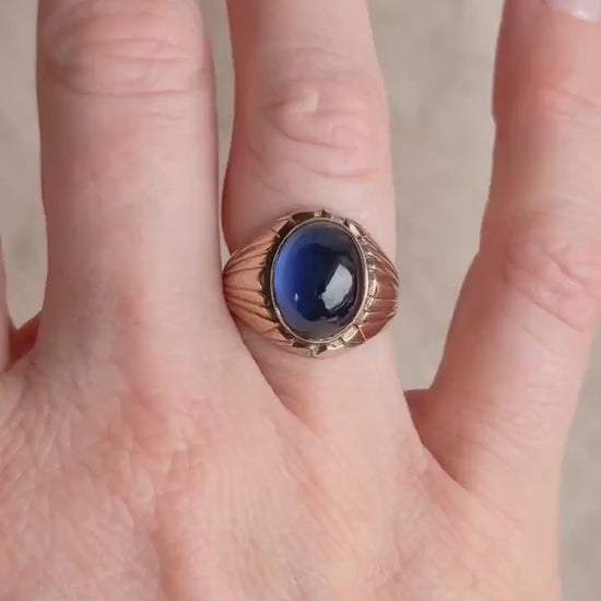 Vintage Blue Sapphire Ring, 14k Gold, Oval Cabochon Statement Ring, 1960s Bold Jewelry