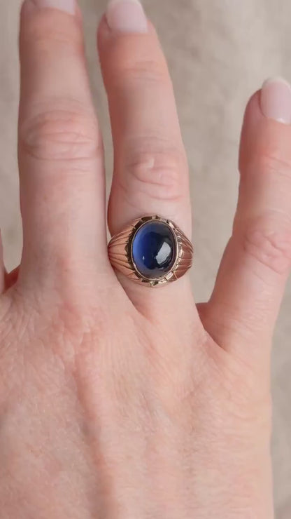 Vintage Blue Sapphire Ring, 14k Gold, Oval Cabochon Statement Ring, 1960s Bold Jewelry