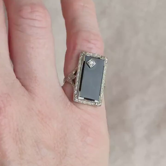 Vintage Onyx and Diamond Ring in 18k White Gold
