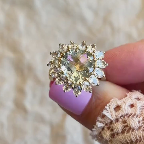 Vintage Heart Cut Green Prasiolite Gemstone Halo Ring in 10k Gold