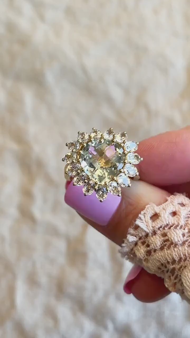 Vintage Heart Cut Green Prasiolite Gemstone Halo Ring in 10k Gold