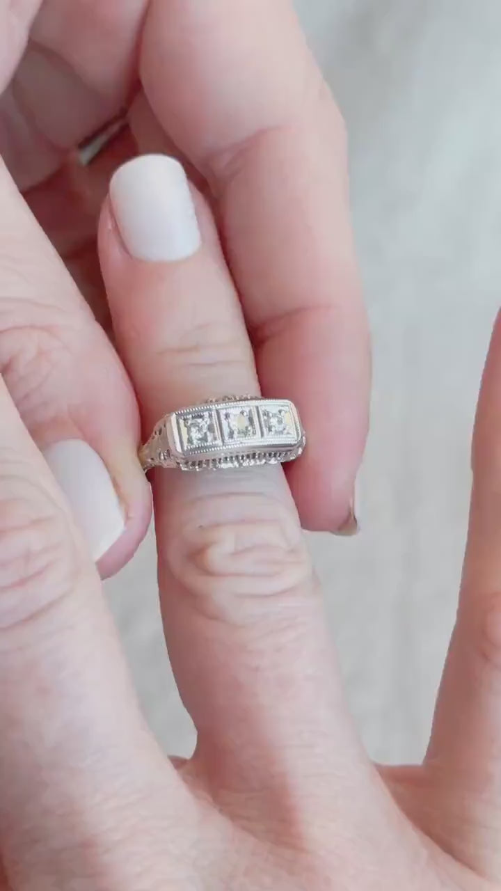 Vintage Diamond Engagement Ring, Round Cut, 14k White Gold, 1950s Three-Stone Filigree Bridal Ring