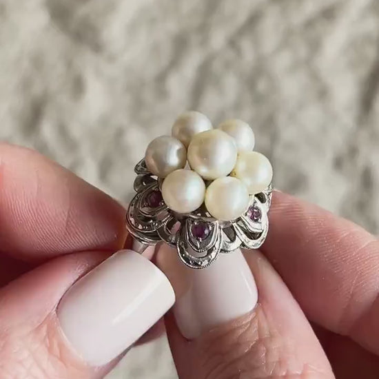 Vintage Pearl Cluster Ring in 14k White Gold