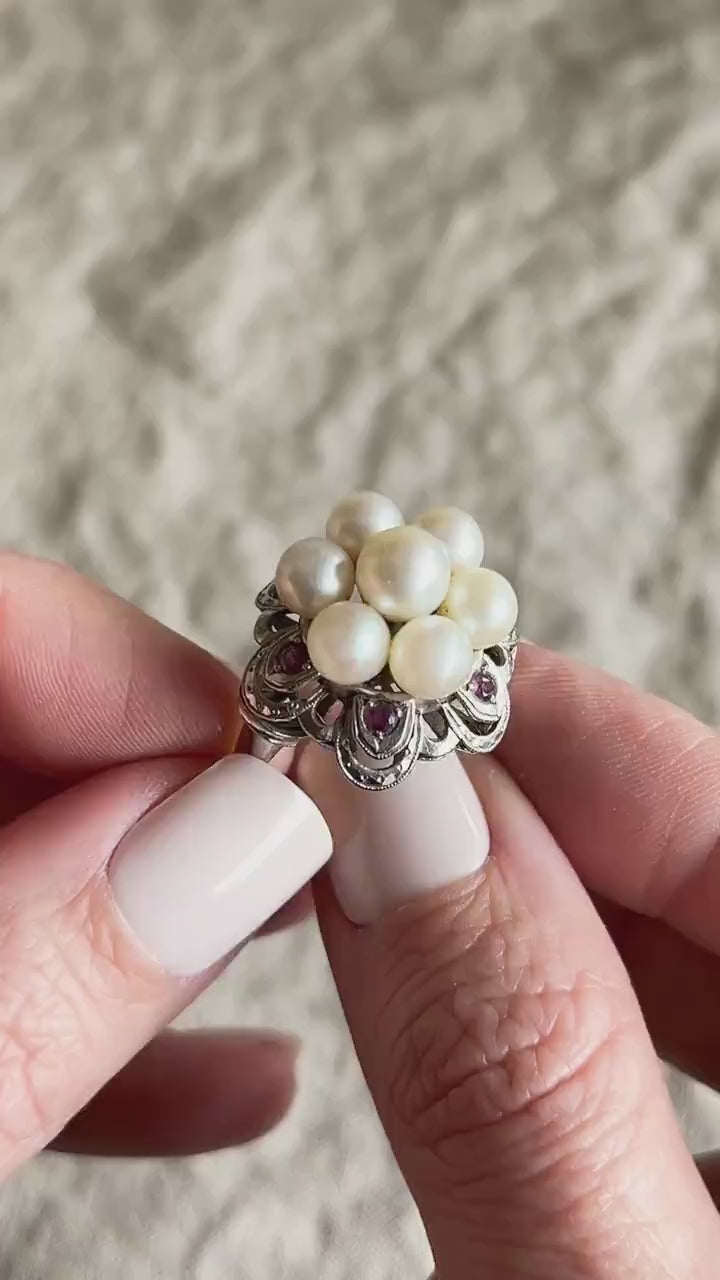 Vintage Pearl Cluster Ring in 14k White Gold