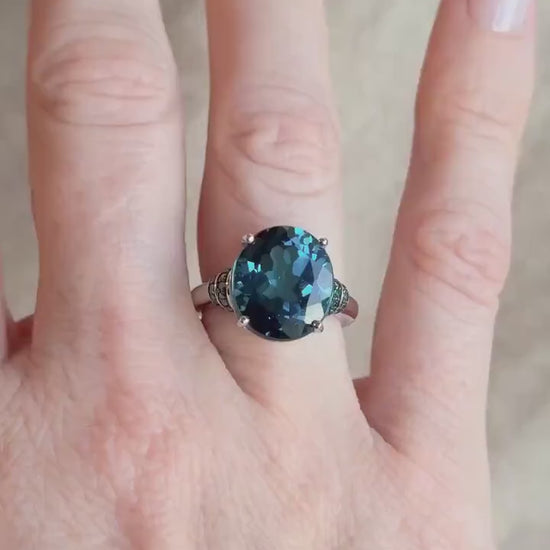 Vintage Blue Topaz Sterling Silver Ring, Oval Cocktail Statement Jewelry