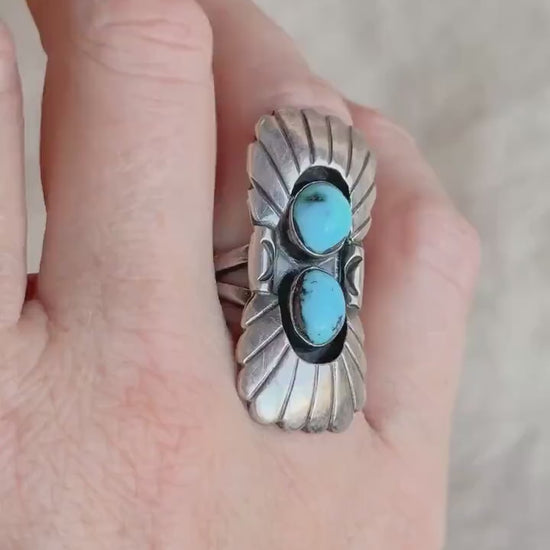 Vintage Sterling Silver Turquoise Double Feather Statement Ring, Boho Artisan Jewelry