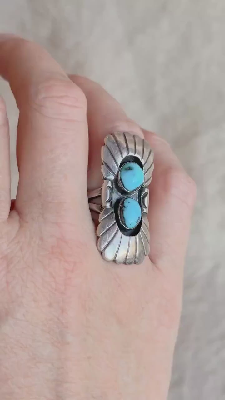 Vintage Sterling Silver Turquoise Double Feather Statement Ring, Boho Artisan Jewelry