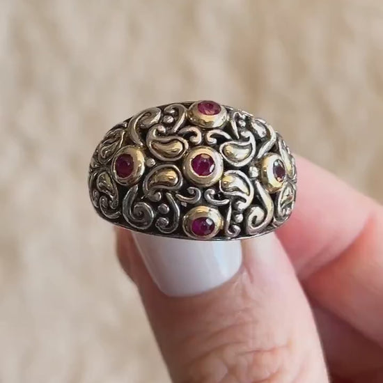 Vintage Ruby Domed Filigree Gemstone Ring in Sterling Silver