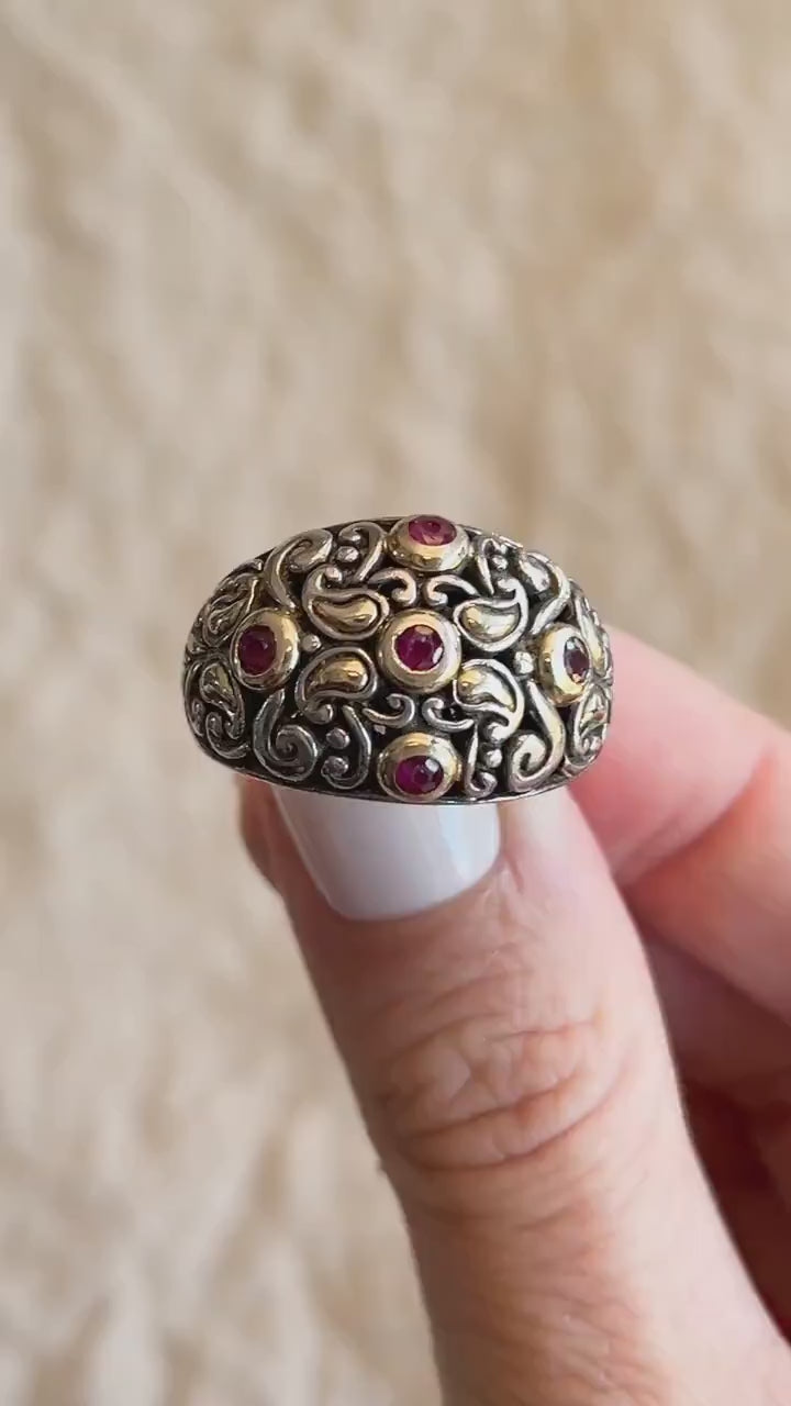 Vintage Ruby Domed Filigree Gemstone Ring in Sterling Silver