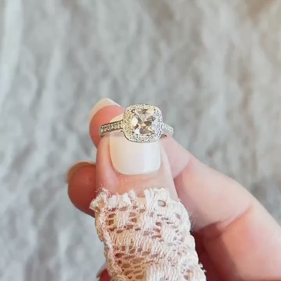 Vintage Morganite & Diamond Engagement Ring, Cushion Cut, 14k White Gold, 2000s Halo Bridal Ring