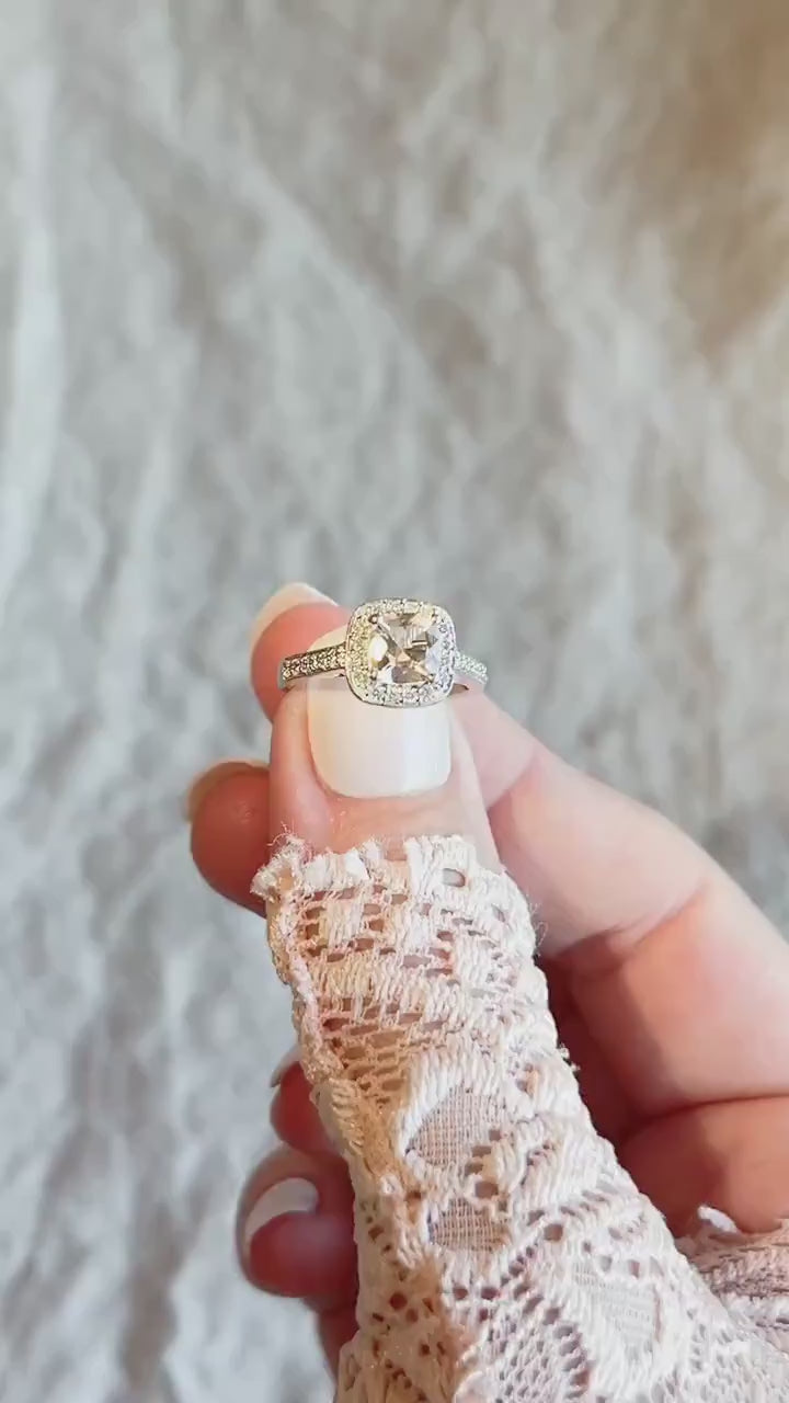 Vintage Morganite & Diamond Engagement Ring, Cushion Cut, 14k White Gold, 2000s Halo Bridal Ring