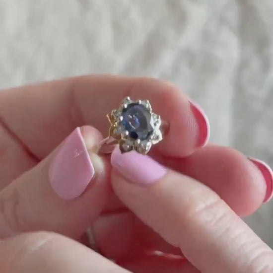 Vintage 1950s Sapphire & Diamond Halo Ring, 14k Gold